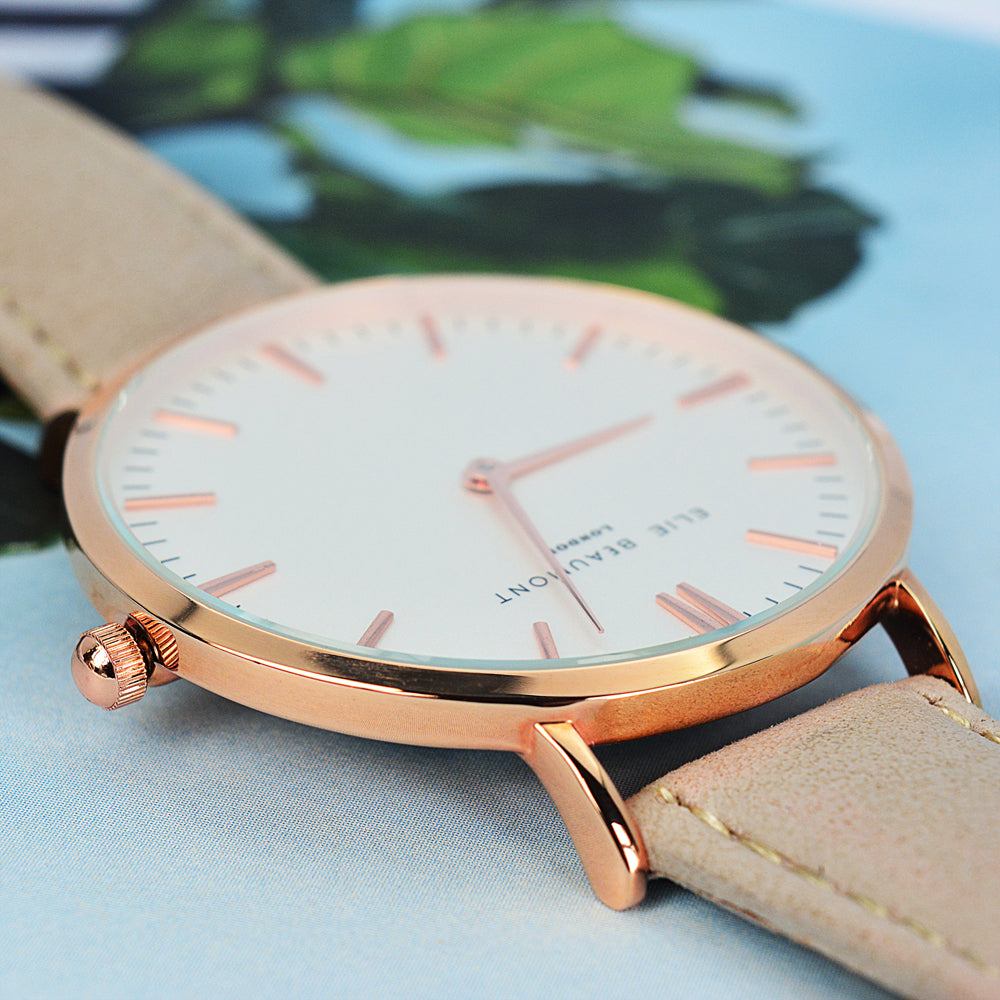 Elie Beaumont Ladies Personalised Leather Watch in Stone - treat-republic