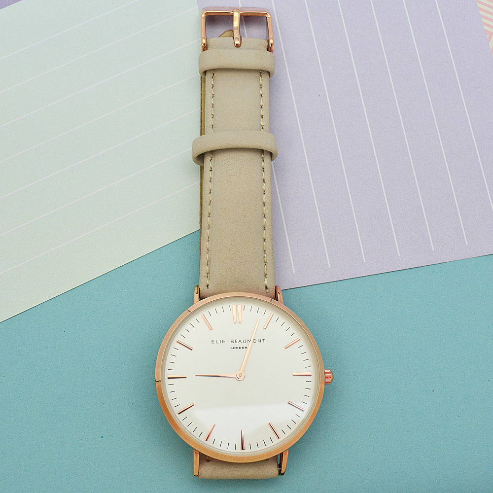 Elie Beaumont Ladies Personalised Leather Watch in Stone - treat-republic