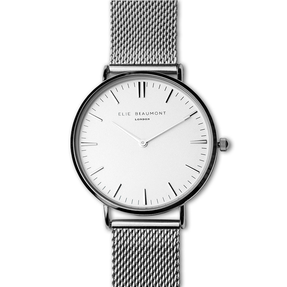 Elie Beaumont Personalised Ladies Metallic Mesh Strapped Watch With White Dial - treat-republic