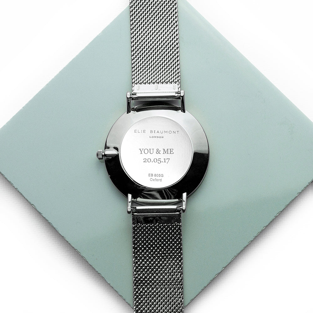 Elie Beaumont Personalised Ladies Metallic Mesh Strapped Watch With White Dial - treat-republic