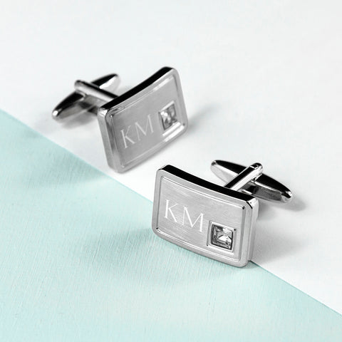 Personalised Brushed Silver Cufflinks With Crystal - treat-republic