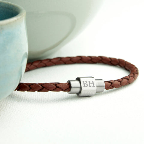 Personalised Men's Woven Leather Bracelet in Burnt Sienna - treat-republic